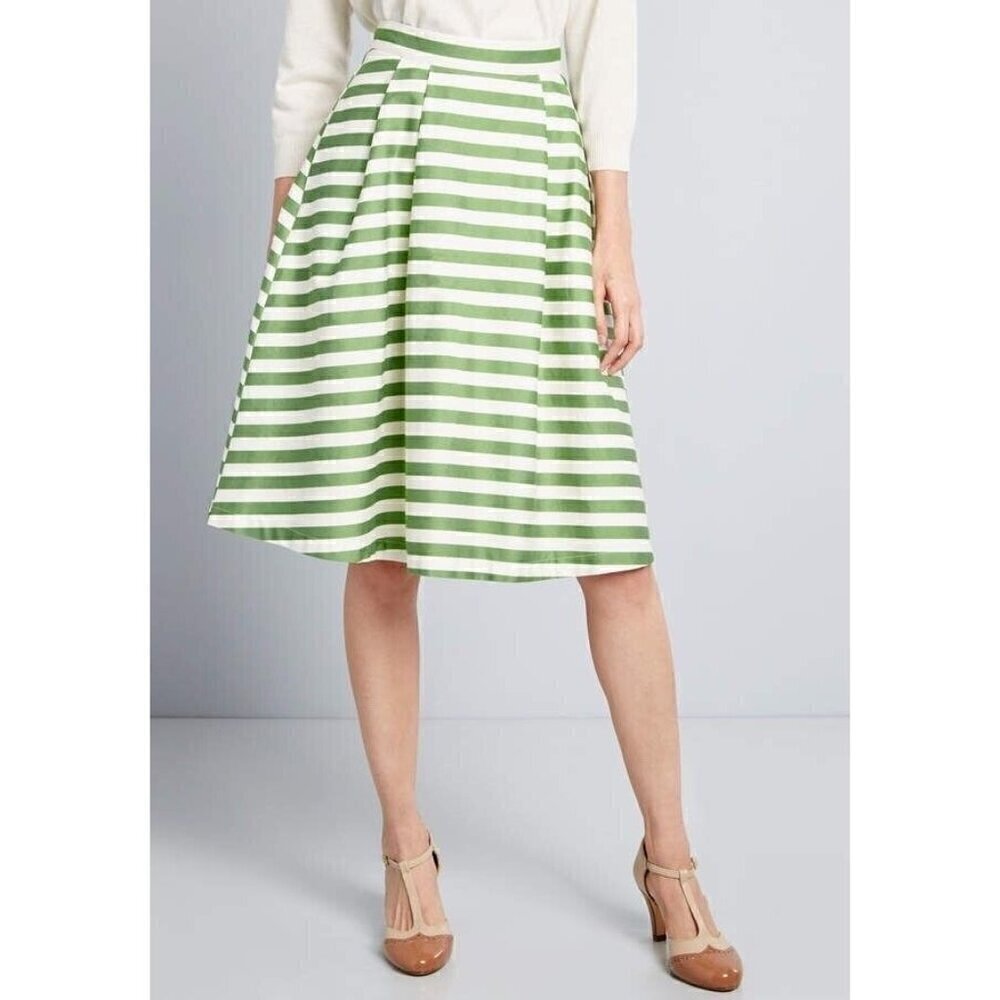 Modcloth Womens Dusk and Stunner Midi Skirt Sz L Green White Stripe Retro Twee - Picture 7 of 7